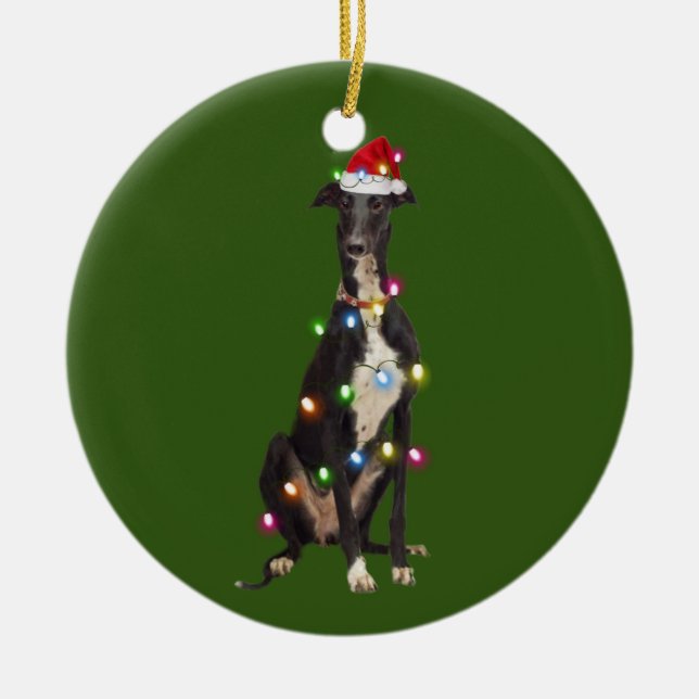 Greyhound With Christmas Scafts Santa Hat Ceramic Ornament (Front)