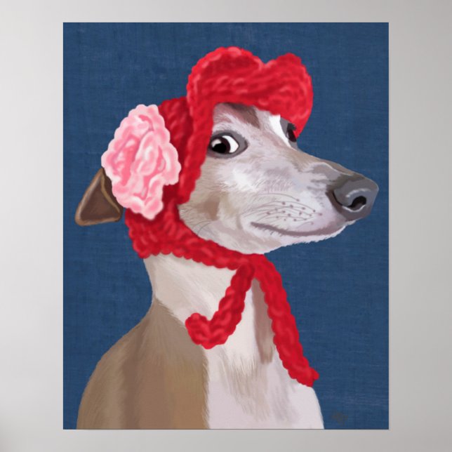Greyhound with Red Woolly Hat Poster (Front)