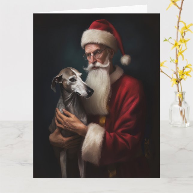Greyhound With Santa Claus Festive Christmas Card (Yellow Flower)