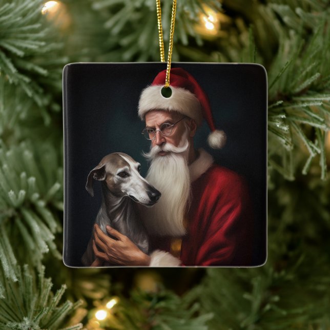 Greyhound With Santa Claus Festive Christmas Ceramic Ornament (Tree)