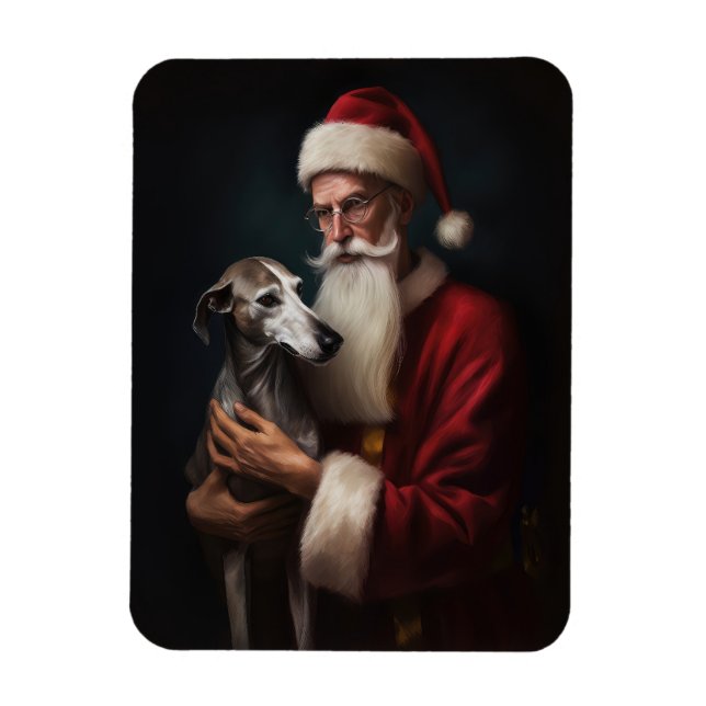 Greyhound With Santa Claus Festive Christmas Magnet (Vertical)
