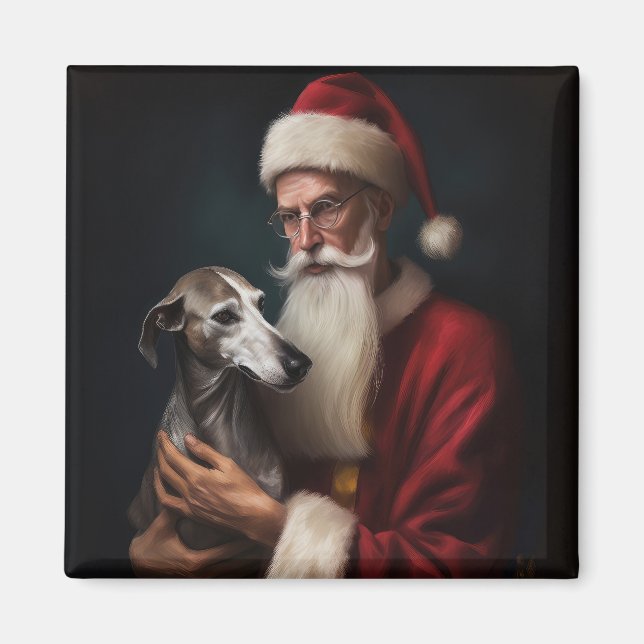 Greyhound With Santa Claus Festive Christmas Magnet (Front)