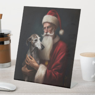 Greyhound With Santa Claus Festive Christmas Pedestal Sign