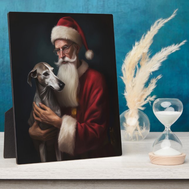 Greyhound With Santa Claus Festive Christmas Plaque (Side)