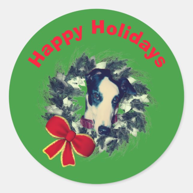 Greyhound Wreath Christmas Holiday  Classic Round Sticker (Front)