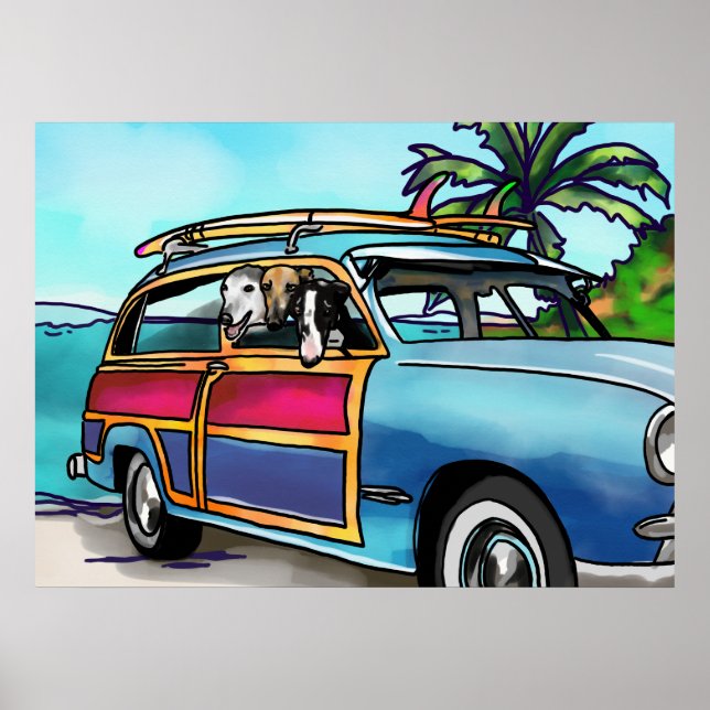 Greyhounds in a Woody at Beach Poster (Front)