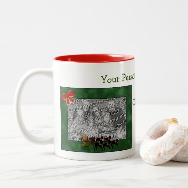 Greyhounds Pulling Sleigh Christmas Photo  Two-Tone Coffee Mug (With Donut)