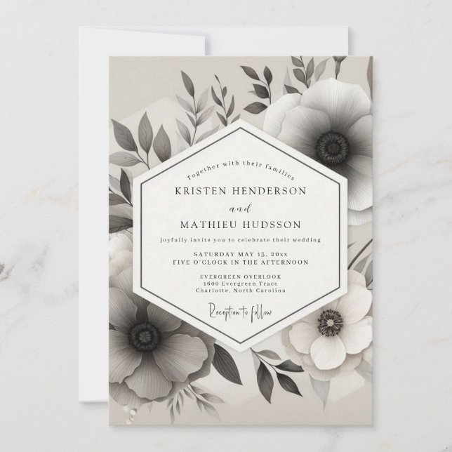 Greyscale Ink Wash Anemone Wedding Invitation (Front)