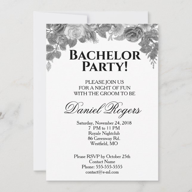 Greyscale of Roses and Glitter Bachelor Party Invitation (Front)