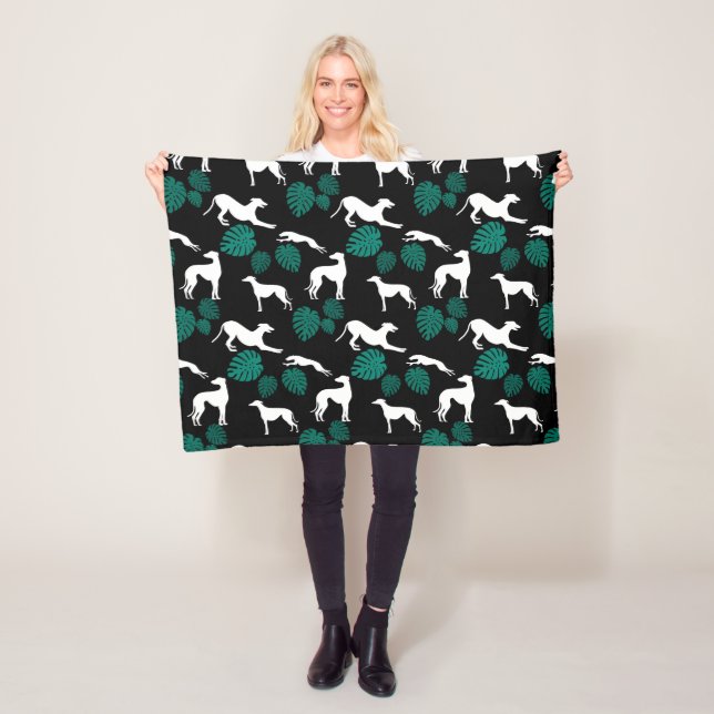 Greyt Greyhound Silhouettes with Monstera Leaves Fleece Blanket (In Situ)