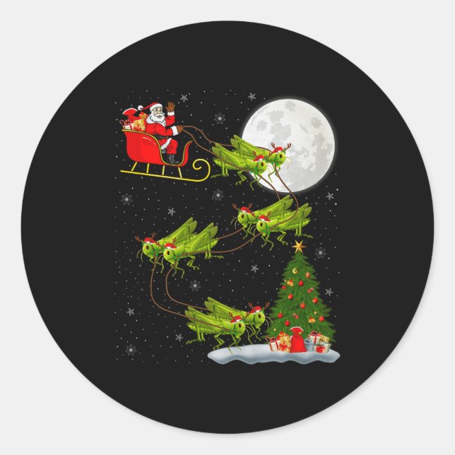 Grhopper Santa Sleigh Flying Funny Magical Christm Classic Round Sticker (Front)