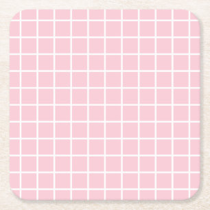 Grid Baby Pink And White Minimalist Check Square Paper Coaster