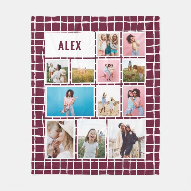 Grid Burgundy 12 photo modern minimal abstract Fleece Blanket (Front)