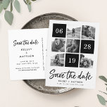 Grid Collage | Black and White Photo Save the Date Announcement Postcard<br><div class="desc">Announce your upcoming nuptials with these chic black and white save the date postcards featuring six of your favourite square photos and your wedding date in a gridded layout. "Save the Date" appears beneath in a fresh, casual handwritten script brush marker typeface. Personalize with your names and wedding location in...</div>