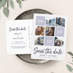 Grid Collage | Photo Save the Date Announcement Postcard<br><div class="desc">Announce your upcoming nuptials with these chic save the date postcards featuring six of your favorite square photos and your wedding date in a gridded layout. "Save the Date" appears beneath in a fresh, casual handwritten script brush marker typeface. Personalize with your names and wedding location in rich midnight blue,...</div>