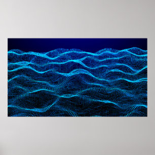 Grid dots Abstract landscape background. Cyberspac Poster