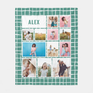 Grid green white 12 photo modern minimal abstract fleece blanket
