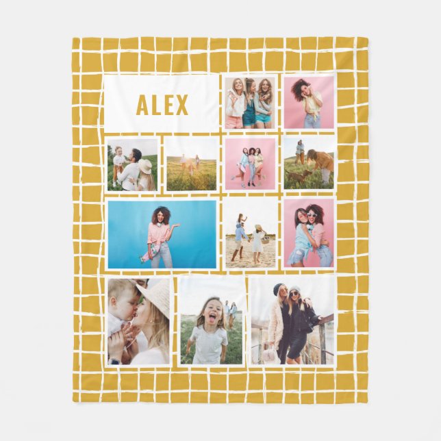 Grid mustard 12 photo modern minimal abstract fleece blanket (Front)