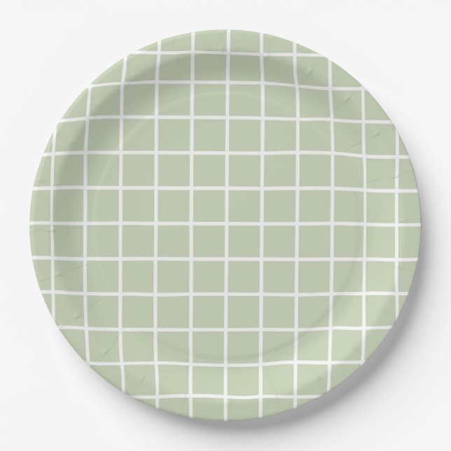Grid Pattern Pastel Green Plaid Paper Plate (Front)