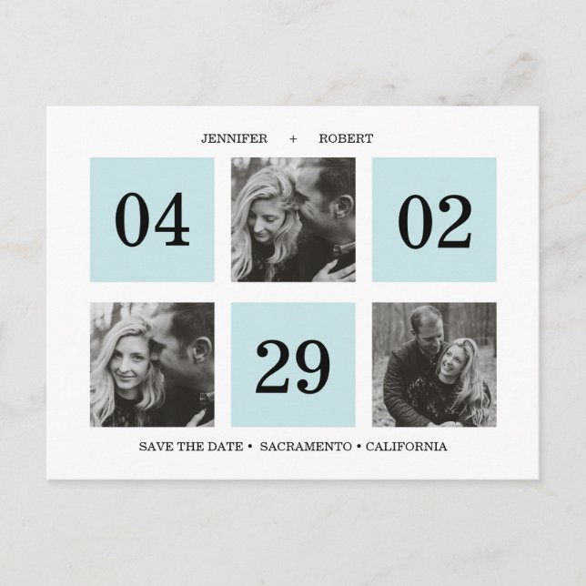 Grid Photo Collage | Blue | SAVE THE DATE Announcement Postcard (Front)
