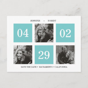 Grid Photo Collage   Turquoise   SAVE THE DATE Announcement Postcard