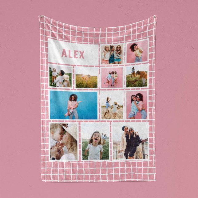 Grid pink white 12 photo modern minimal abstract fleece blanket (Creator Uploaded)