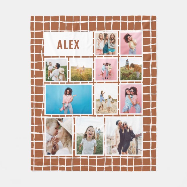 Grid terracotta 12 photo modern minimal abstract fleece blanket (Front)