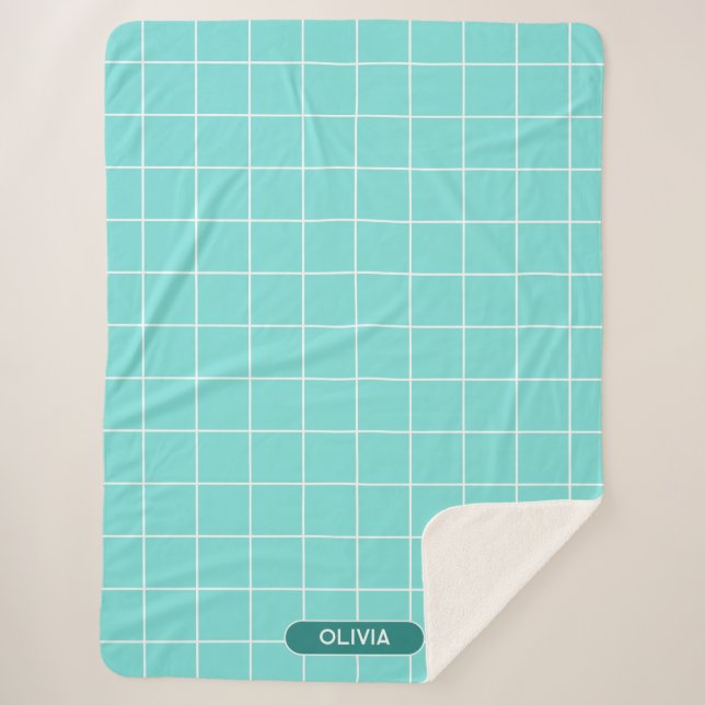 Grid Turquoise and White Sherpa Blanket (Front)