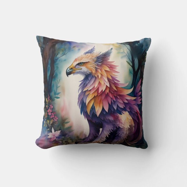 Griffin Forest Watercolor Multicolor Throw Pillow (Front)