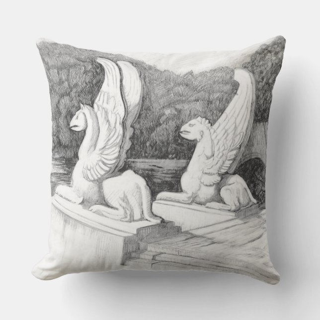 Griffins sculpture monochrome pencil Art Outdoor Pillow (Front)