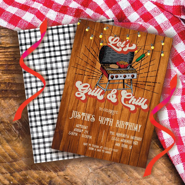 Grill and Chill BBQ Woodcut Retro Birthday Party Invitation (Creator Uploaded)
