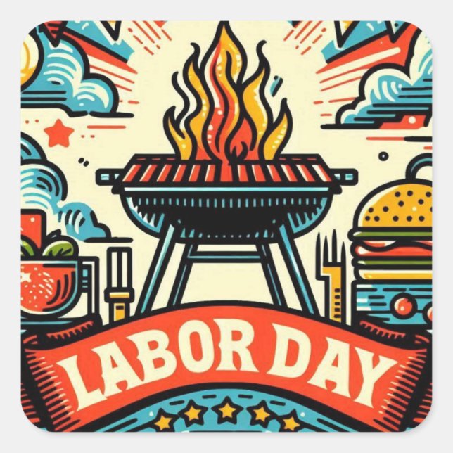 Grill & Chill Labour Day Greeting Square Sticker (Front)