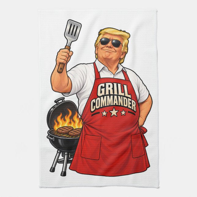 Grill Commander Barbecue Red Apron Kitchen Towel (Vertical)