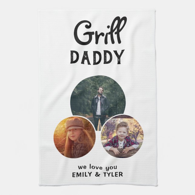 Grill Daddy Modern Oval 3 Photo Father`s Day Kitchen Towel (Vertical)