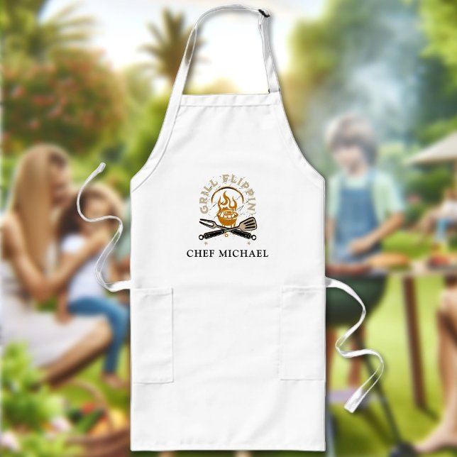 Grill Flippin Chef Custom Name Text Personalized Long Apron (Creator Uploaded)