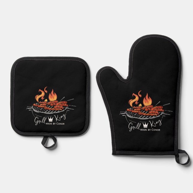 Grill King Chef Funny, Oven Mitt & Pot Holder Set (Front)