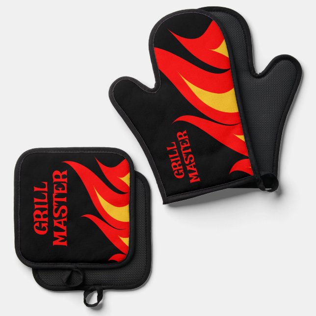 Grill Master BBQ fire flames personalized Oven Mitt & Pot Holder Set (Front/Back)