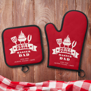 Grill Master Dad Red Oven Mitt & Pot Holder Set