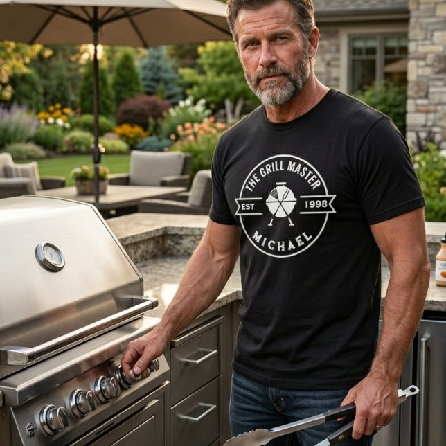 Grill Master Established Year Name Grilling BBQ T-Shirt (grill master mens tshirts bbq grilling king chef barbecue flame backyard birthday holiday gift dad)