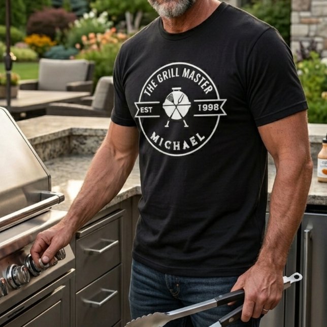 Grill Master Established Year Name Grilling BBQ T-Shirt (grill master mens tshirts bbq grilling king chef barbecue flame backyard birthday holiday gift dad)