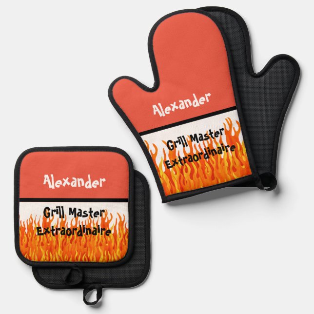 Grill Master Extraordinaire Oven Mitt & Pot Holder Set (Front/Back)
