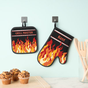 Grill Master Name Black with Flames Oven Mitt & Pot Holder Set