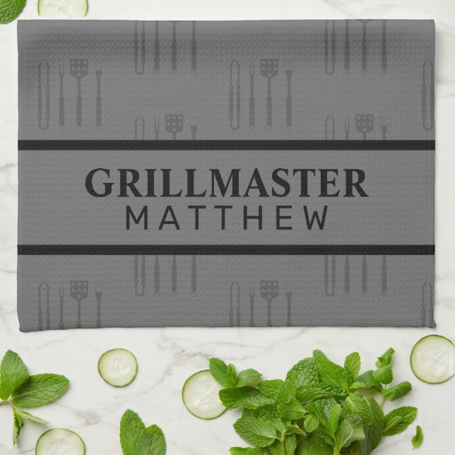 Grill master name fathers day classic black grey  kitchen towel (Folded)