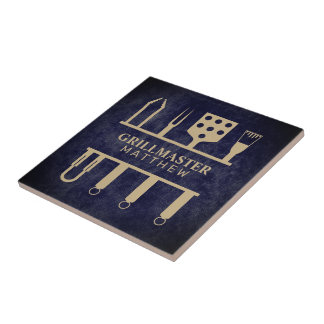 Grill master name fathers day navy leather texture tile