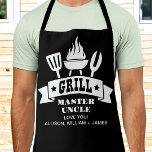 Grill Master Uncle Black Apron<br><div class="desc">Unique custom black apron for a favourite uncle on Christmas, Father's Day or his birthday featuring illustrations of a barbecue grill and "Grill Master Uncle" in fun white typography. Add the names of his nieces and nephews. If needed, edit in the design tool to increase or decrease the font size...</div>
