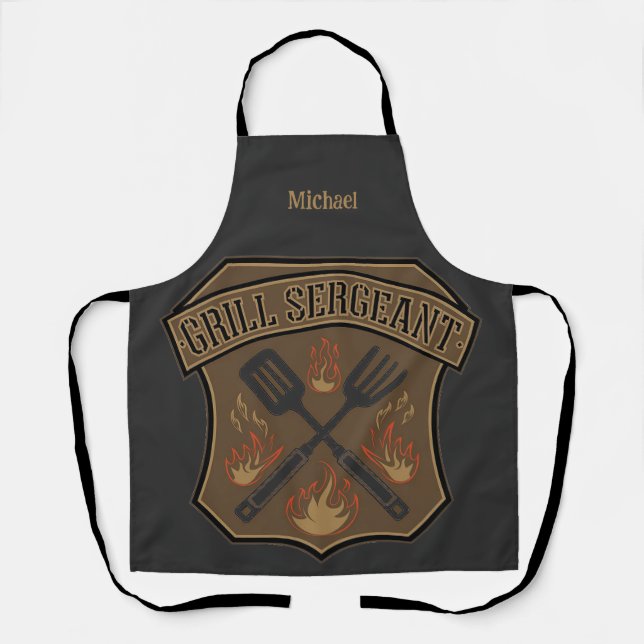 Grill Sergeant Badge Design with Spatula and Fork Apron (Front)