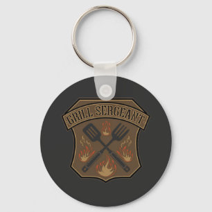 Grill Sergeant Badge Design with Spatula and Fork Keychain