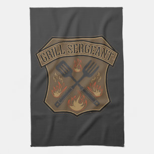Grill Sergeant Badge Design with Spatula and Fork Kitchen Towel