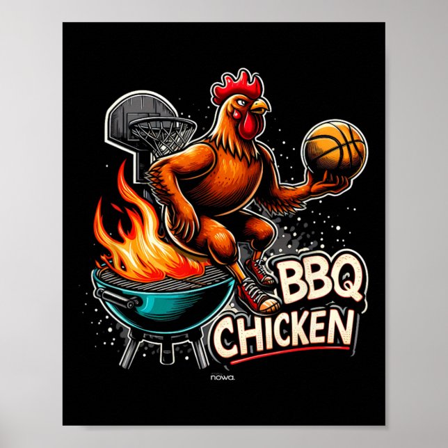 Grilled Bbq Chicken Playing Flaming Basketball  Poster (Front)