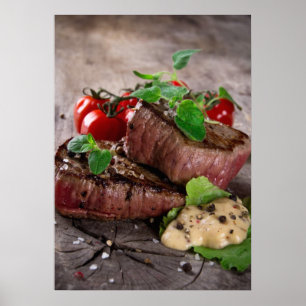 Grilled bbq steaks with fresh herbs and tomatoes poster